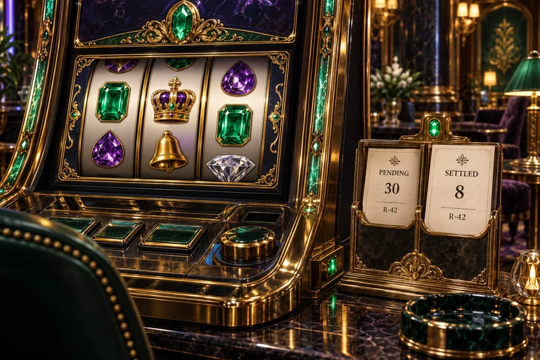 Detailed slot cabinet beside two illustrative R-42 records showing pending 30 and settled 8.