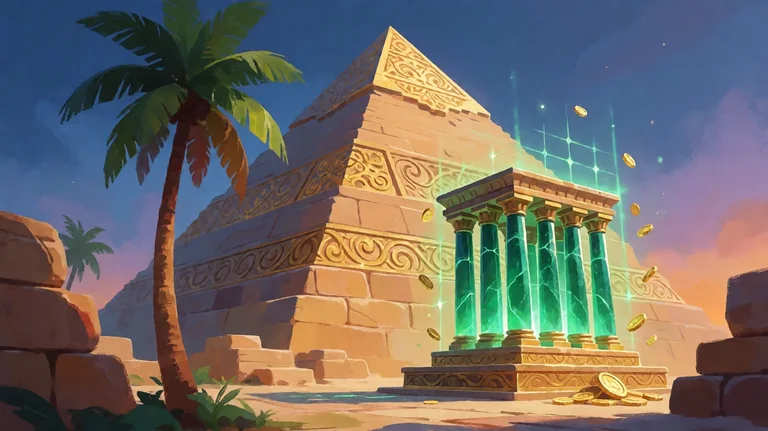 Sandstone pyramid with carved gold patterns beside a palm tree, with glowing emerald columns and gold coins in the foreground