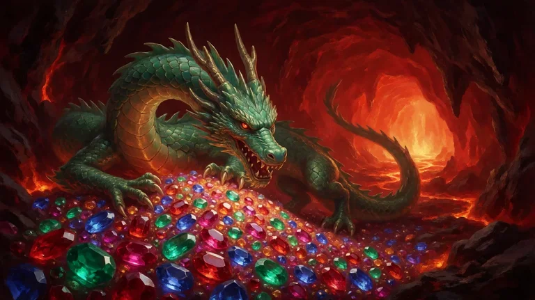 A green jade dragon coiled over a heap of ruby, emerald and sapphire gems in a cave lit by lava glow