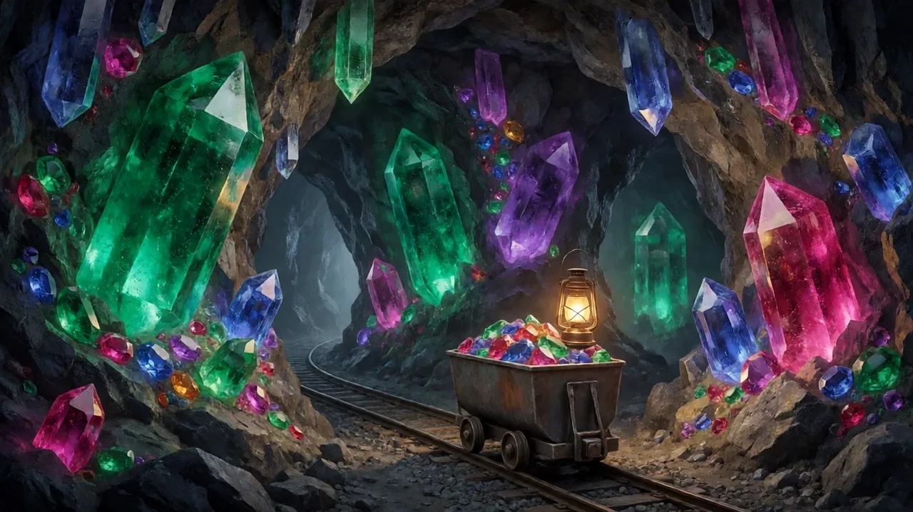 A crystal cave with giant glowing emeralds, rubies and sapphires in the rock walls and a lantern-lit mine cart full of cut gems on rails