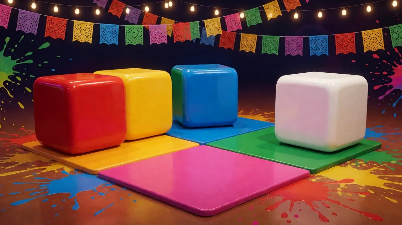 Large glossy cubes in solid red, yellow, blue and white on a board of bright colour squares, with string lights, cut-paper fiesta banners and rainbow paint splashes