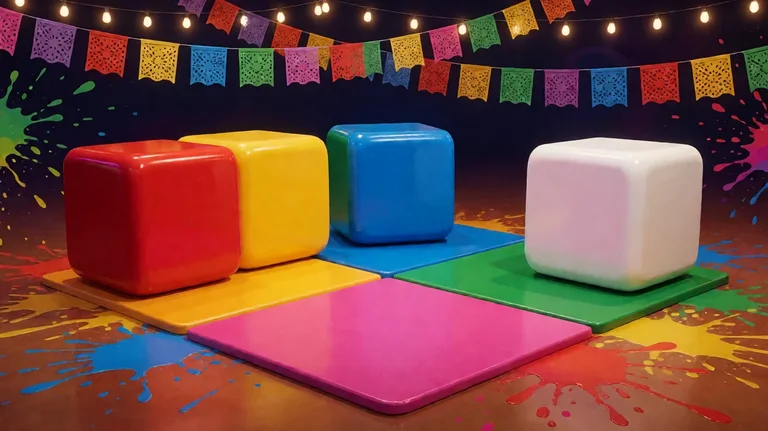 Large glossy cubes in solid red, yellow, blue and white on a board of bright colour squares, with string lights, cut-paper fiesta banners and rainbow paint splashes