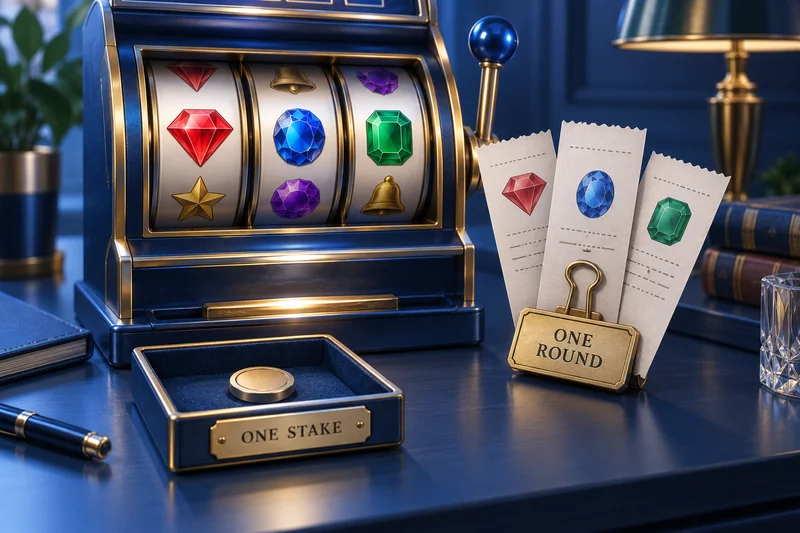 A generic tumbling slot has several event receipts clipped under One Round beside a single-stake marker.