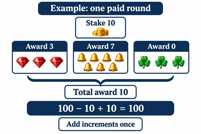 One 10-unit stake and incremental awards 3,7 and 0 reconcile a 100-unit starting balance to 100.